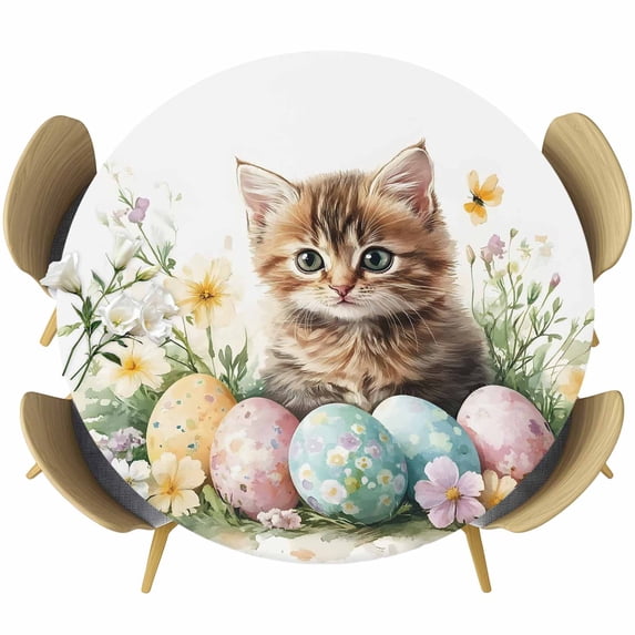 Spring Easter Round Tablecloth 55-60 Inch Round Fitted Table Cloth with Elastic Edge, Funny Cute Cats Colorful Eggs Wildflowers Waterproof Table Cover Protector for Outdoor Picnic Party Dining