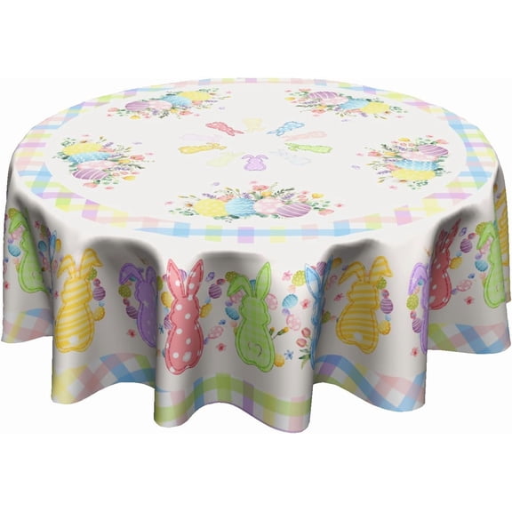 Spring Easter Round Tablecloth 60 Inch Pink Buffalo Plaid Check Egg Floral Themed Print Table Cloth for Holiday Kitchen Party Dinner Decoration