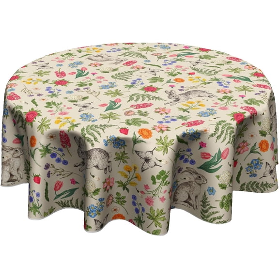 Spring Easter Round Tablecloth 60 Inch Rabbit Bunny Flower Sage Green Leaves Vintage Botanical Plants Easter Themed Print Table Cloth for Holiday Kitchen Party Dinner Decoration