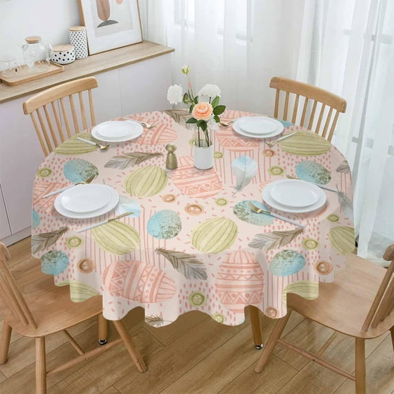 Spring Easter Round Tablecloth 60 Inch - Waterproof Fabric Table Cloth Protector, Pink Teal Blue Easter Eggs Boho Feather Tablecloths Washable Table Cover for Kitchen Banquet Party