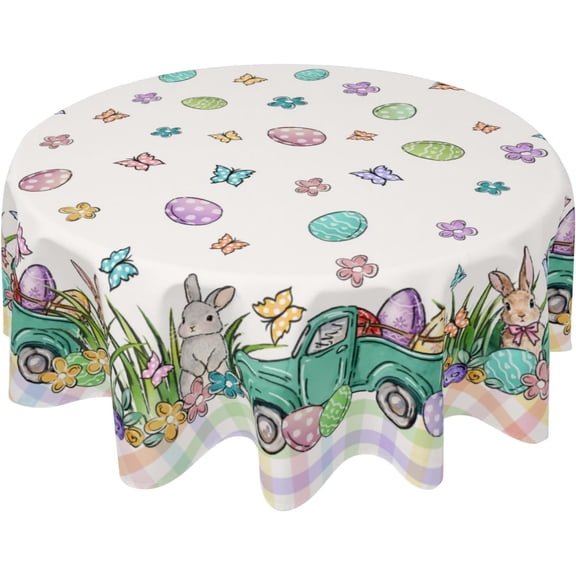 Spring Easter Round Tablecloth Cute Bunny Table Cloth 60 Inch Truck Gnome Easter Rabbit Eggs Table Cover for Holiday Kitchen Party Dinner Decoration