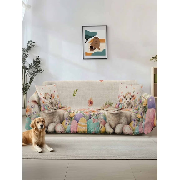 Spring Easter Sheep Couch Cover, Colorful Eggs Floral Botanical Rustic Sofa Cover Blanket for Loveseat Couches, Sectional Sofa Slipcover Furniture Protector for Living Room Bedroom 71''x118''