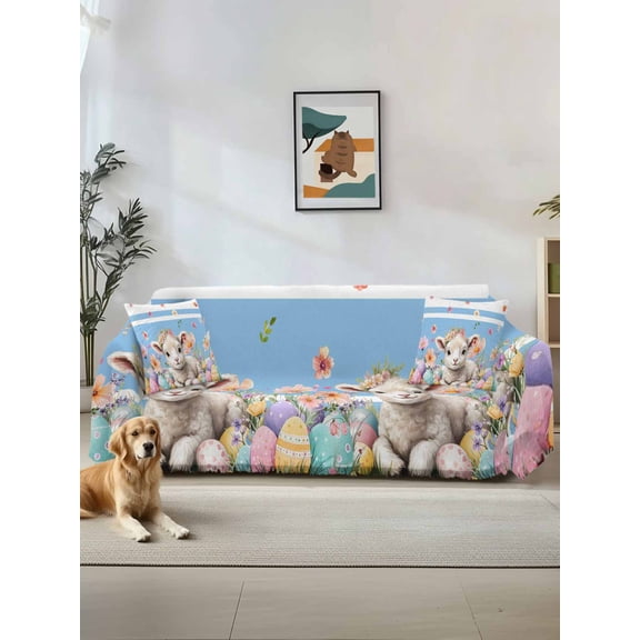 Spring Easter Sheep Couch Cover Sofa Covers 3 Cushion Sectional Couch, Colorful Eggs Floral Botanical Blue Striped Washable Sofa Covers Slipcover Sectional Sofa Cover, Furniture Protector 71"x150"