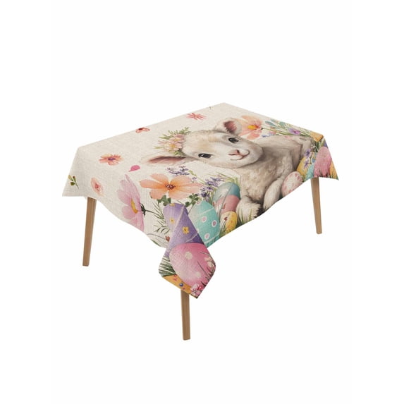 Spring Easter Sheep Rectangle Tablecloth, Colorful Eggs Floral Botanical Rustic Waterproof & StainResistant Tablecloth, Washable Oil-proof Table Cover for Dining/Party/Wedding/Camping/Buffet 52x70 In