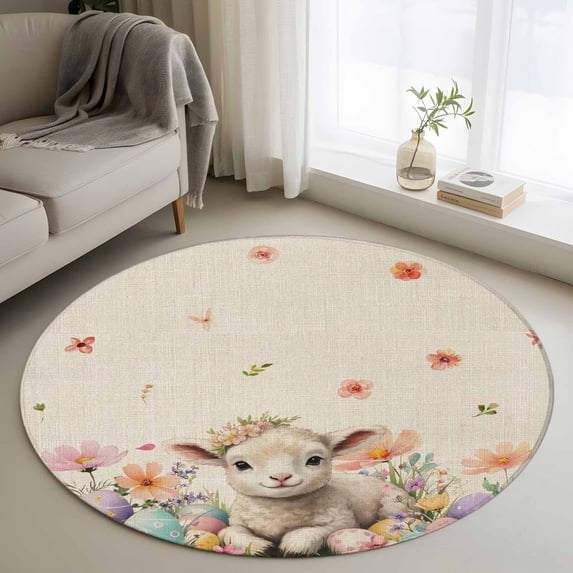 Spring Easter Sheep Round Area Rug 3Ft Washable Small Circle Rugs for Kitchen Entryway, Colorful Eggs Floral Botanical Rustic Non-Slip Carpet Floor Mats Indoor Outdoor Carpet Runner Home Decor