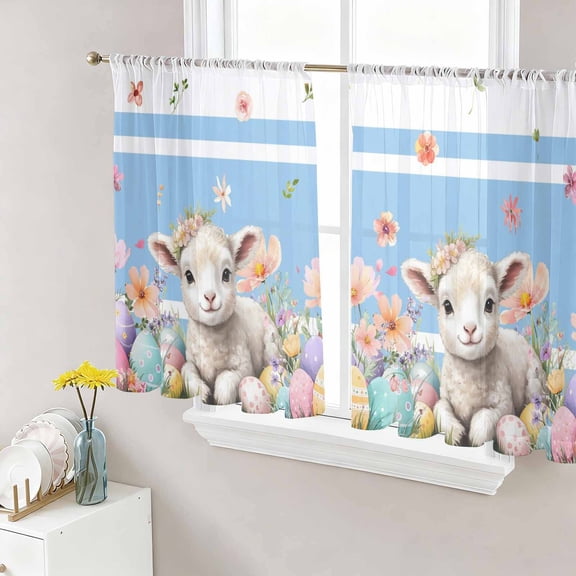 Spring Easter Sheep Sheer Curtains 45 Inch Length 2 Panels Set for Living Room/Bedroom,Colorful Eggs Floral Botanical Blue Striped Semi Curtain Sheers Rod Pocket Curtains Window Treatment 52''x45''x2