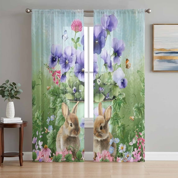 Spring Easter Sheer Curtains 108 Inch Length 2 Panels Set Window Treatments, Purple Floral Summer Botanical Ombre Rod Pocket Semi Curtains for Living Room/Bedroom/Kitchen Décor, 104"W x 108"L