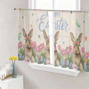 Spring Easter Sheer Curtains 45 Inch Length 2 Panels Set for Living Room/Bedroom, Pink Tulip Flowers Bunny Floral Rustic Semi Curtain Sheers Drapes Rod Pocket Curtains Window Treatment 52''x45''x2