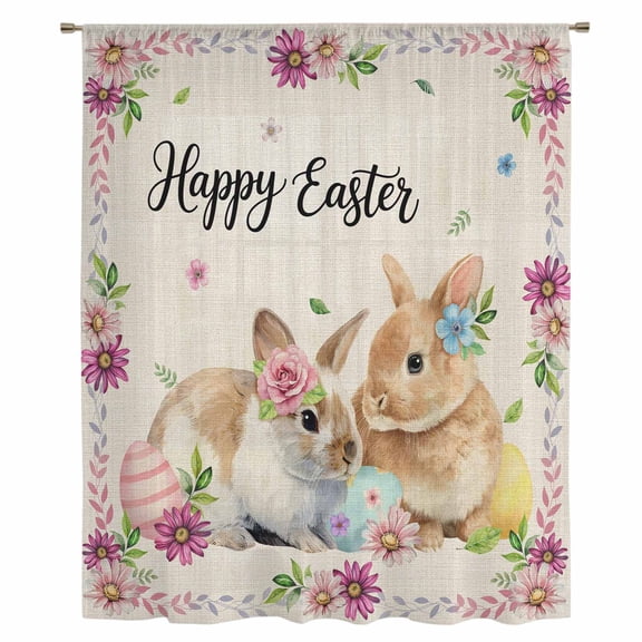 Spring Easter Sheer Curtains 54" Long, Watercolor Flowers Cute Rabbits Eggs Leaf Beige Light Filering Curtains, Breathable Simi Curtain Privacy Drapes for Kitchen Bathroom Small Window Treatment