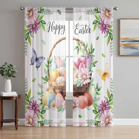Spring Easter Sheer Curtains 63 Inch Length 2 Panels for Living Room, Colorful Eggs Daisy Flowers Basket Butterfly Voile Kitchen Curtain Set, Luxury Privacy Drapes Window Treatment for Bedroom