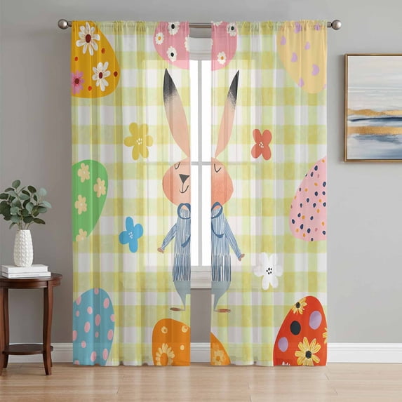 Spring Easter Sheer Curtains 63 Inch Length 2 Panels for Living Room, Yellow Plaid Bunny Colorful Eggs Floral Voile Kitchen Curtain Set, Luxury Privacy Drapes Window Treatment for Bedroom
