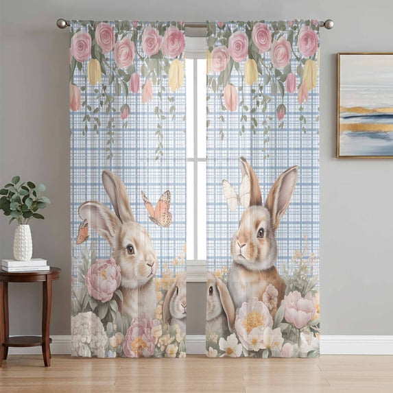 Spring Easter Sheer Curtains 72 Inch Length 2 Panels for Living Room, Cute Rabbits Flower Leaves Butterfly Blue Plaid Voile Kitchen Curtain Set, Luxury Privacy Drapes Window Treatment for Bedroom
