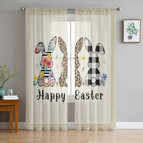 Spring Easter Sheer Curtains 84 Inches Long 2 Panels Set, Window Sheer Curtains for Living Room/Bedroom, Floral Checkered Bunny Linen Texture Light Filtering Rod Pocket Curtain 52'' x 84'' x 2