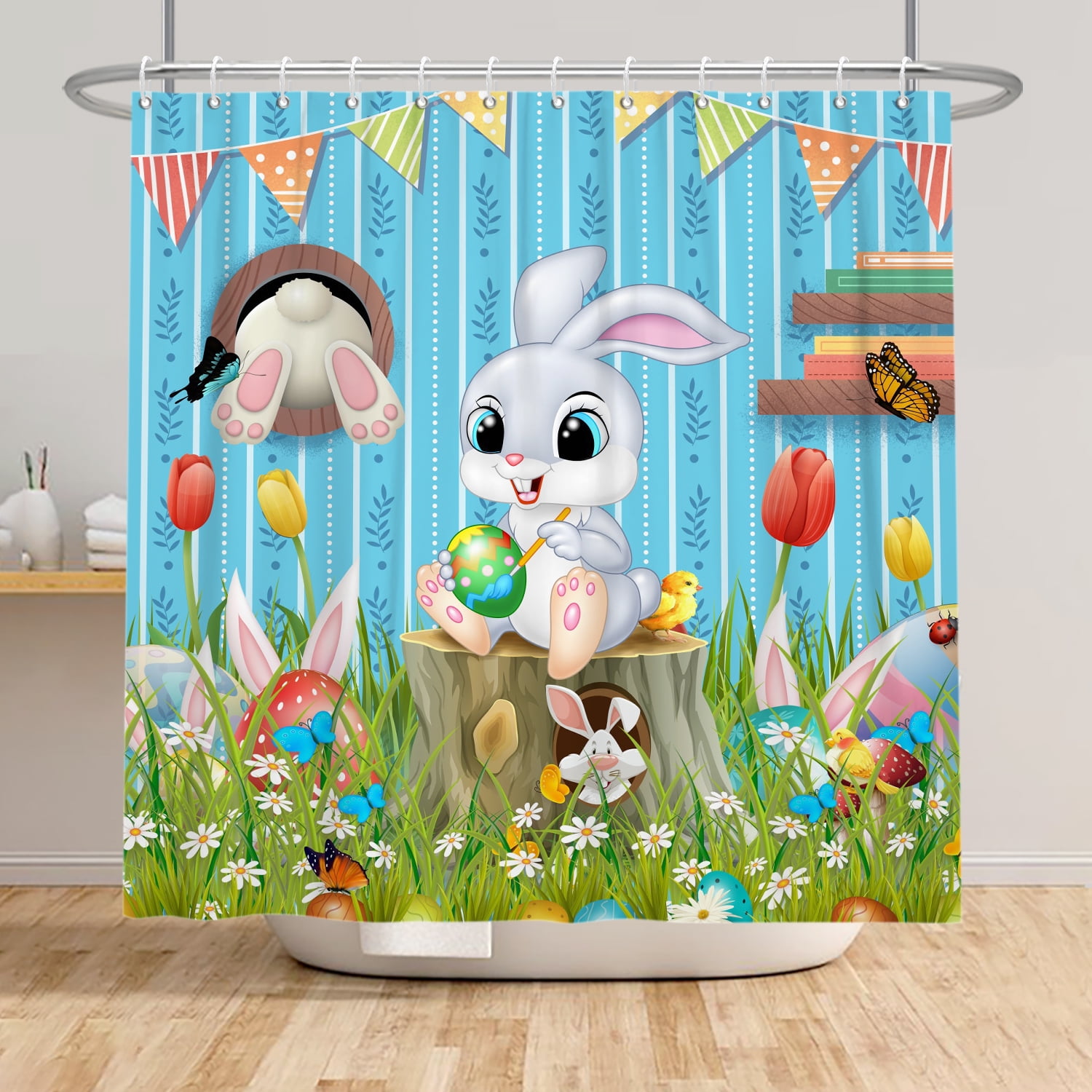 Spring Easter Shower Curtain,Cute Bunny Waterproof Fabric Bathroom