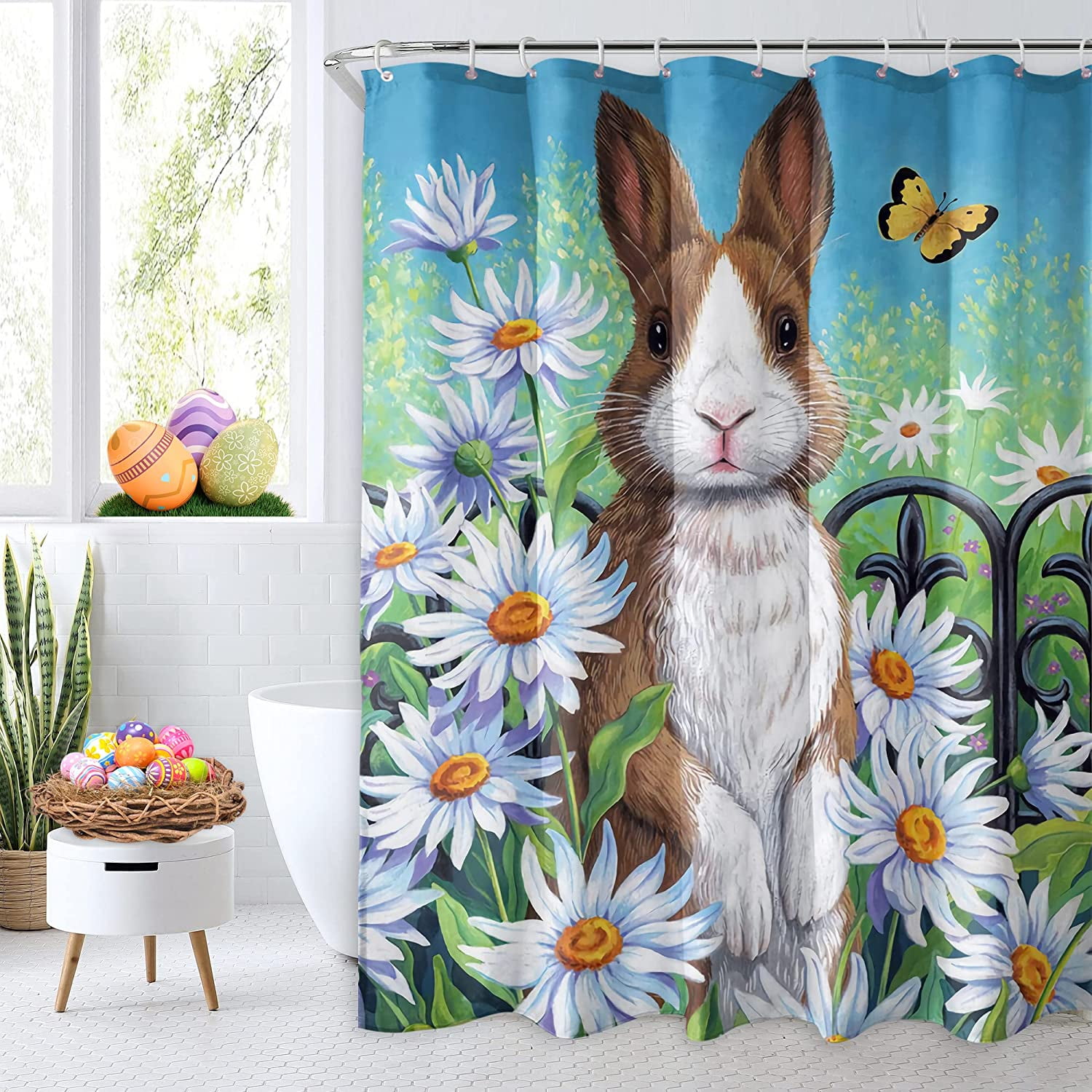 Spring Easter Shower Curtain, Easter Bunny Daisy Shower Curtains for