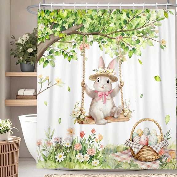 Spring Easter Shower Curtain Easter Bunny Eggs Bath Curtain for Bathroom Decor with Hooks 72x72 in