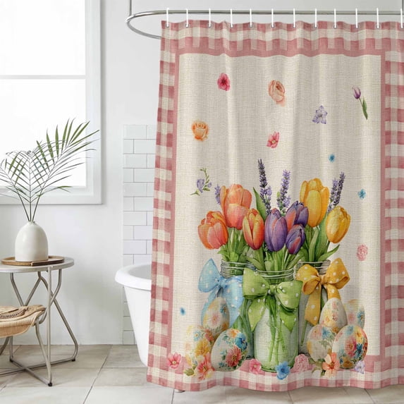 Spring Easter Shower Curtain Set, Waterproof Shower Curtains for Bathroom, Colorful Tulip Floral Eggs Pink Plaid Rustic Washable Fabric Bath Curtain for Bathtub Decoration with Hooks 48x72 Inches