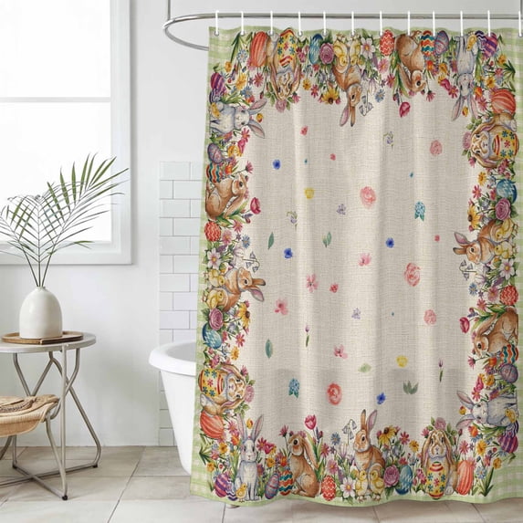 Spring Easter Shower Curtain Set, Waterproof Shower Curtains for Bathroom, Vintage Colorful Eggs Botanical Bunny Plaid Washable Fabric Bath Curtain for Bathtub Decoration with Hooks 60x72 Inches