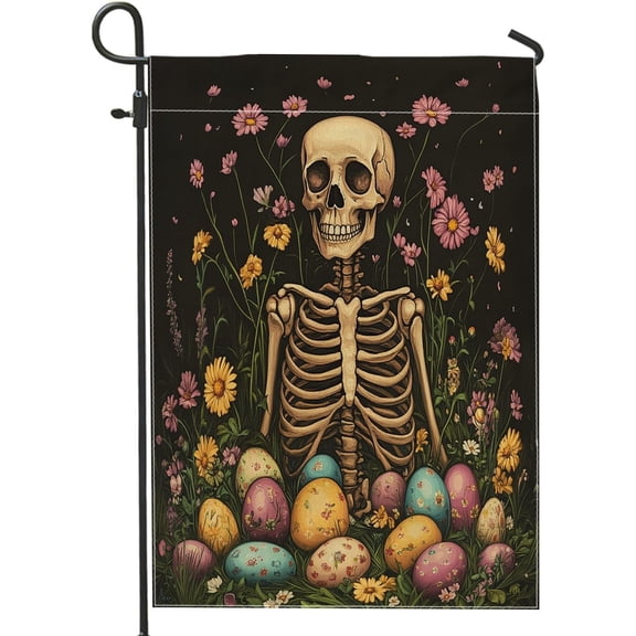 Spring Easter Skeleton Front Yard Backyard Burlap Garden Flags 12x18 Double Sided for Outdoor, Vintage Floral Goth Eggs Small House Flags, Skull Home Porch Lawn Flags