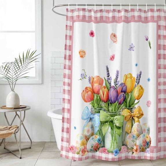 Spring Easter Small Stall Shower Curtain, Waterproof Shower Curtains for Bathroom, Colorful Tulip Floral Eggs Pink Plaid Washable Fabric Bath Curtain for Bathtub Decoration with Hooks 36x78 Inches