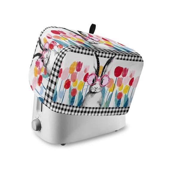 Spring Easter Small Toaster Cover 2 Slice, Kitchen Appliance Covers, Colorful Flowers Tulips Bunny Lattice Toaster Oven Cover with Loop, Bread Machine Cover Polyester Dust Cover Protection