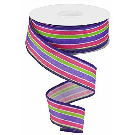 Spring Easter Stripe Wired Edge Ribbon | Purple Lime Pink (1.5 Inches x 10 Yards)