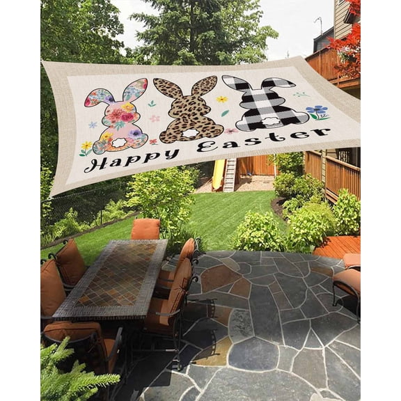 Spring Easter Sun Sail Shades Rectangle Canopy,Sunlight Block Heavy Duty Curved Backyard Shade Cover,Floral Checkered Bunny Linen Texture Waterproof Sun Shades for Patios Garden Pergola 14'x18'