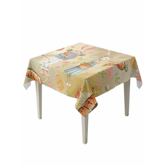 Spring Easter Suqare Tablecloth - 54 x 54 Inch, Bunny Carrots Eggs Floral Botanical Yellow Waterproof & StainResistant Tablecloth, Washable Oil-proof Table Cover for Dining/Party/Wedding/Buffet