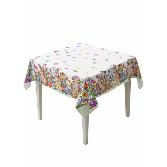 Spring Easter Suqare Tablecloth - 54 x 54 Inch, Colorful Eggs Botanical Bunny Plaid Waterproof & StainResistant Tablecloth, Washable Oil-proof Table Cover for Dining/Party/Wedding/Camping/Buffet