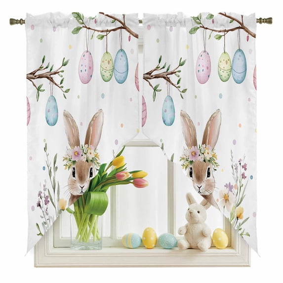 Spring Easter Swag Valance Curtains Bunny Cute Rabbit Colorful Eggs Flower Rod Pocket Swag Curtains Small Window Treatments for Kitchen Bathroom Bedroom 36" W x 45" L, 2 Panels