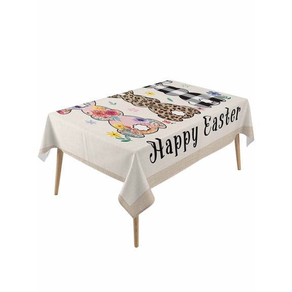 Spring Easter Table Cloth, Floral Checkered Bunny Linen Texture Waterproof Tablecloth for Rectangle Tables, Reusable Washable Fabric Table Cover for Restaurant Kitchen Dining Tables 60"x120"