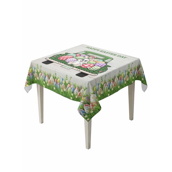 Spring Easter Table Cloth, Waterproof Tablecloth for Square Tables, Easter Eggs Bunny Truck Botanical Wooden Reusable Washable Fabric Table Cover for Restaurant Kitchen Dining Tables 54"x54"