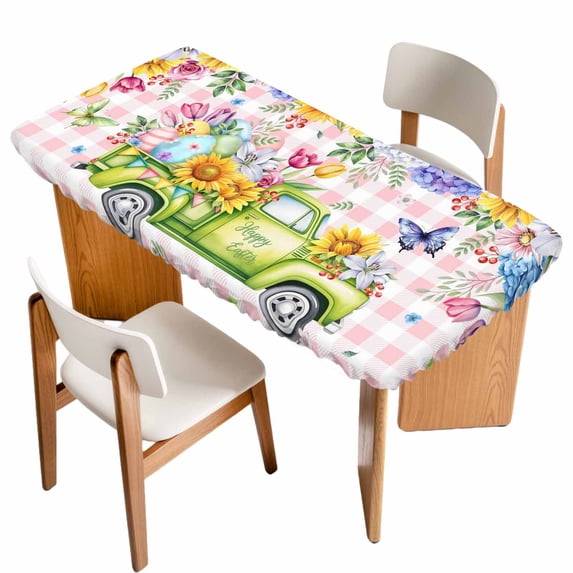 Spring Easter Table Cloths for 3 Foot Rectangle Tables, Colorful Eggs Floral Truck Butterflies Pink Plaid Patio Waterproof Elastic Fitted Tablecloths, Washable Rectangular Table Cover for Camping