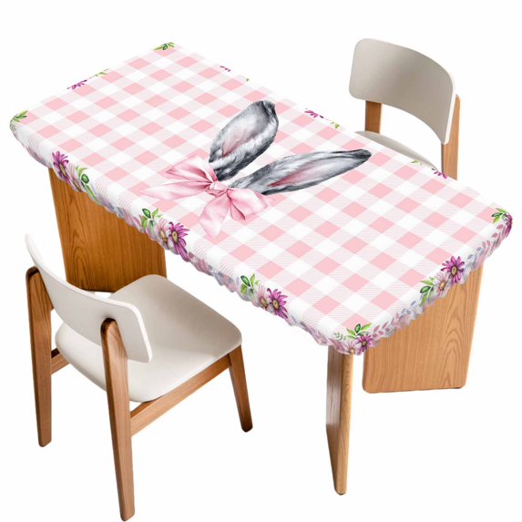 Spring Easter Table Cloths for 3 Foot Rectangle Tables, Cute Rabbits Ears Bow Daisy Floral Pink Plaid Patio Waterproof Elastic Fitted Tablecloths, Washable Rectangular Table Cover for Camping