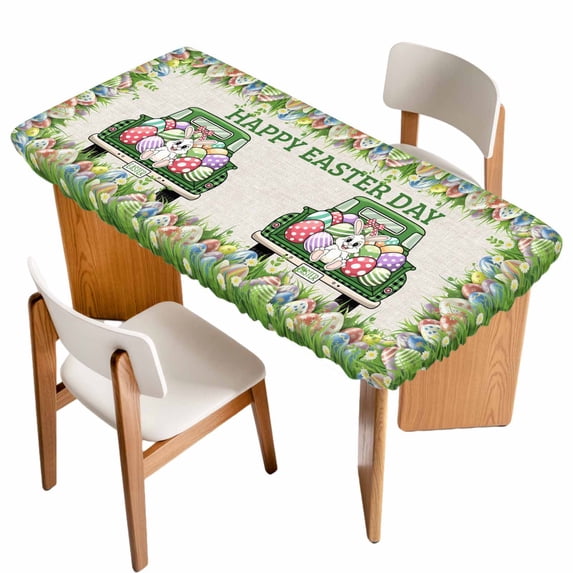 Spring Easter Table Cloths for 3 Foot Rectangle Tables, Easter Eggs Bunny Truck Botanical Burlap Patio Waterproof Elastic Fitted Tablecloths, Washable Rectangular Table Cover for Camping