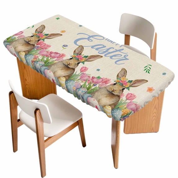 Spring Easter Table Cloths for 3 Foot Rectangle Tables, Pink Tulip Flowers Bunny Floral Rustic Patio Waterproof Elastic Fitted Tablecloths, Washable Rectangular Table Cover for Camping