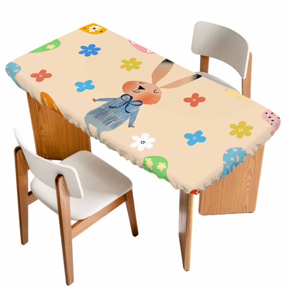Spring Easter Table Cloths for 4 Foot Rectangle Tables, Bunny Colorful Eggs Floral Beige Patio Waterproof Elastic Fitted Tablecloths, Washable Rectangular Table Cover for Camping