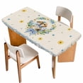 thumbnail image 1 of Spring Easter Table Cloths for 4 Foot Rectangle Tables, Cute Rabbits Eggs Bow Daisy Tulips Plants Beige Patio Waterproof Elastic Fitted Tablecloths, Washable Rectangular Table Cover for Camping, 1 of 8