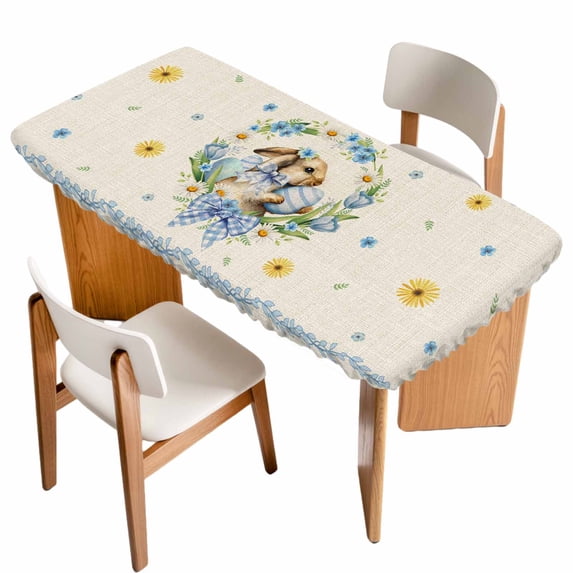Spring Easter Table Cloths for 4 Foot Rectangle Tables, Cute Rabbits Eggs Bow Daisy Tulips Plants Beige Patio Waterproof Elastic Fitted Tablecloths, Washable Rectangular Table Cover for Camping