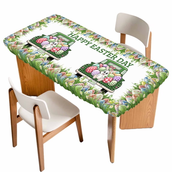 Spring Easter Table Cloths for 4 Foot Rectangle Tables, Easter Eggs Bunny Truck Botanical Watercolor Patio Waterproof Elastic Fitted Tablecloths, Washable Rectangular Table Cover for Camping