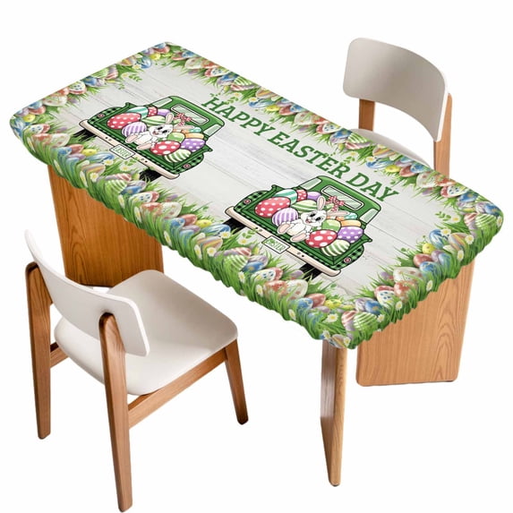 Spring Easter Table Cloths for 4 Foot Rectangle Tables, Easter Eggs Bunny Truck Botanical Wooden Patio Waterproof Elastic Fitted Tablecloths, Washable Rectangular Table Cover for Camping