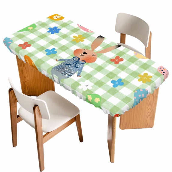 Spring Easter Table Cloths for 4 Foot Rectangle Tables, Green Plaid Bunny Colorful Eggs Floral Patio Waterproof Elastic Fitted Tablecloths, Washable Rectangular Table Cover for Camping