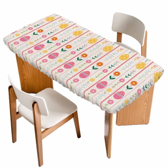 Spring Easter Table Cloths for 4 Foot Rectangle Tables, Pink Yellow Vintage Eggs Floral Botanical Patio Waterproof Elastic Fitted Tablecloths, Washable Rectangular Table Cover for Camping