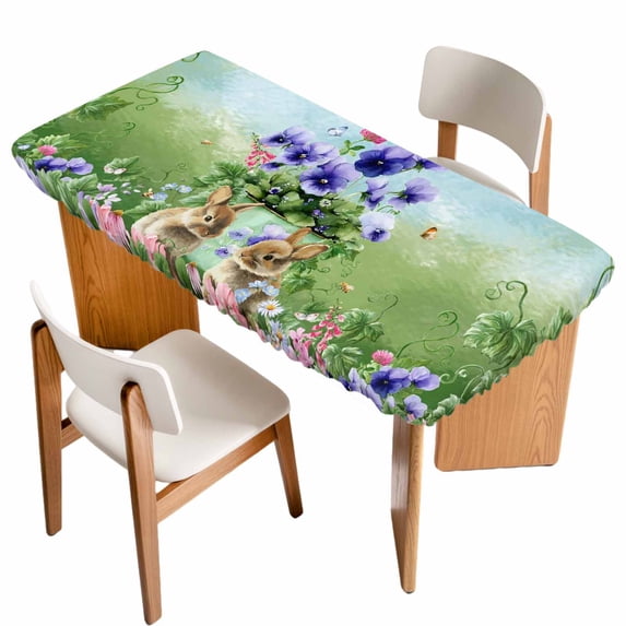 Spring Easter Table Cloths for 4 Foot Rectangle Tables, Purple Floral Summer Botanical Ombre Patio Waterproof Elastic Fitted Tablecloths, Washable Rectangular Table Cover for Camping