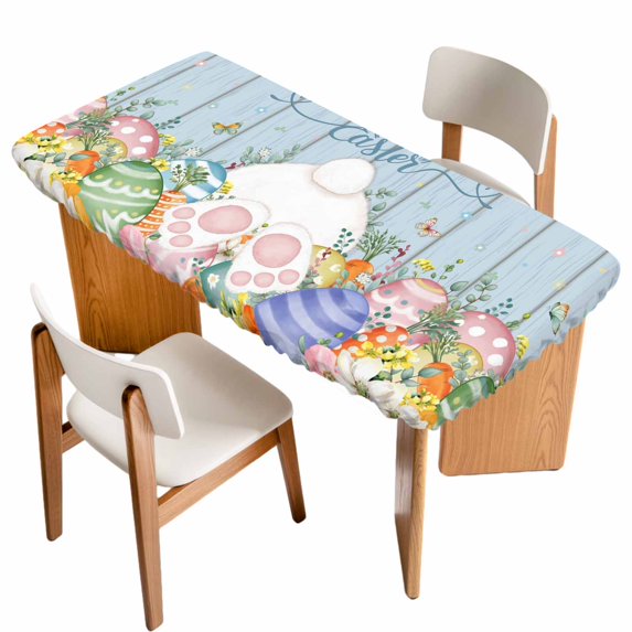 Spring Easter Table Cloths for 4 Foot Rectangle Tables, Rabbit Ears Foot Colorful Eggs Wooden Plank Patio Waterproof Elastic Fitted Tablecloths, Washable Rectangular Table Cover for Camping