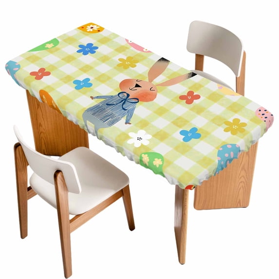 Spring Easter Table Cloths for 4 Foot Rectangle Tables, Yellow Plaid Bunny Colorful Eggs Floral Patio Waterproof Elastic Fitted Tablecloths, Washable Rectangular Table Cover for Camping