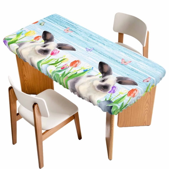 Spring Easter Table Cloths for 5 Foot Rectangle Tables, Blue Botanical Tulip Rabbit Butterfly Patio Waterproof Elastic Fitted Tablecloths, Washable Rectangular Table Cover for Camping