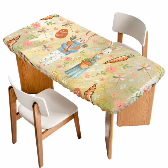 Spring Easter Table Cloths for 5 Foot Rectangle Tables, Bunny Carrots Eggs Floral Botanical Yellow Patio Waterproof Elastic Fitted Tablecloths, Washable Rectangular Table Cover for Camping