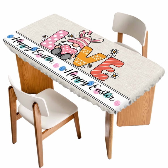 Spring Easter Table Cloths for 5 Foot Rectangle Tables, Colorful Gnomes Rabbits Eggs Flowers Love Beige Patio Waterproof Elastic Fitted Tablecloths, Washable Rectangular Table Cover for Camping