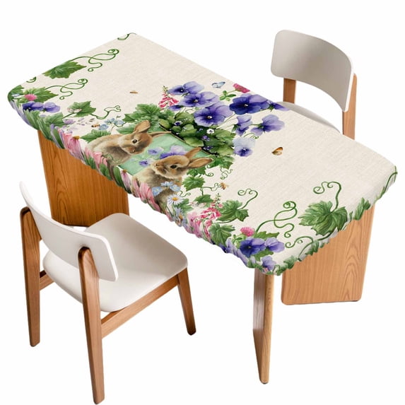 Spring Easter Table Cloths for 5 Foot Rectangle Tables, Purple Floral Summer Botanical Rustic Patio Waterproof Elastic Fitted Tablecloths, Washable Rectangular Table Cover for Camping